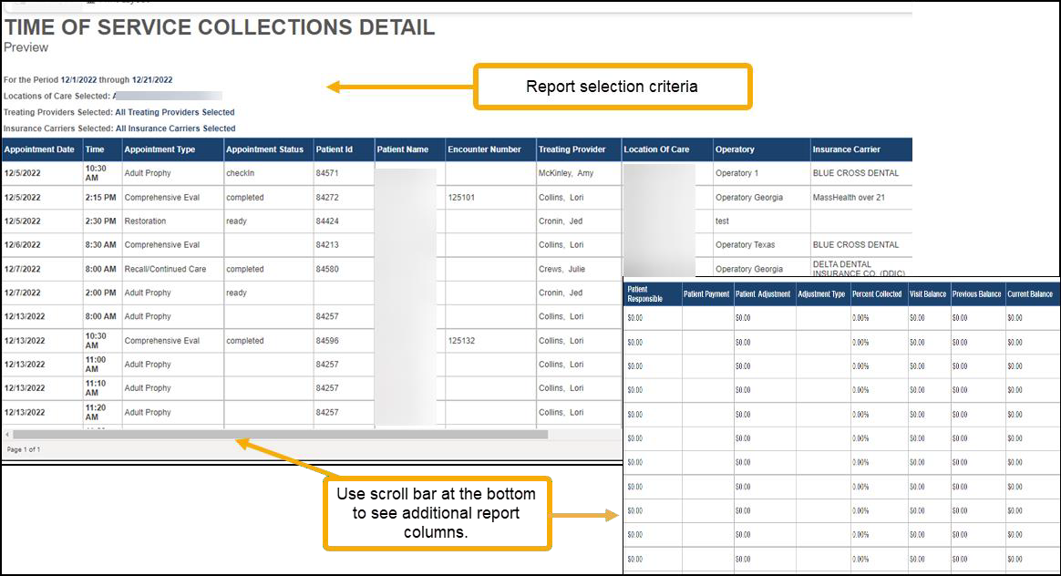 Time of Service Collections Detail report with yellow arrow callouts pointing to the report criterial section and the scroll bar.